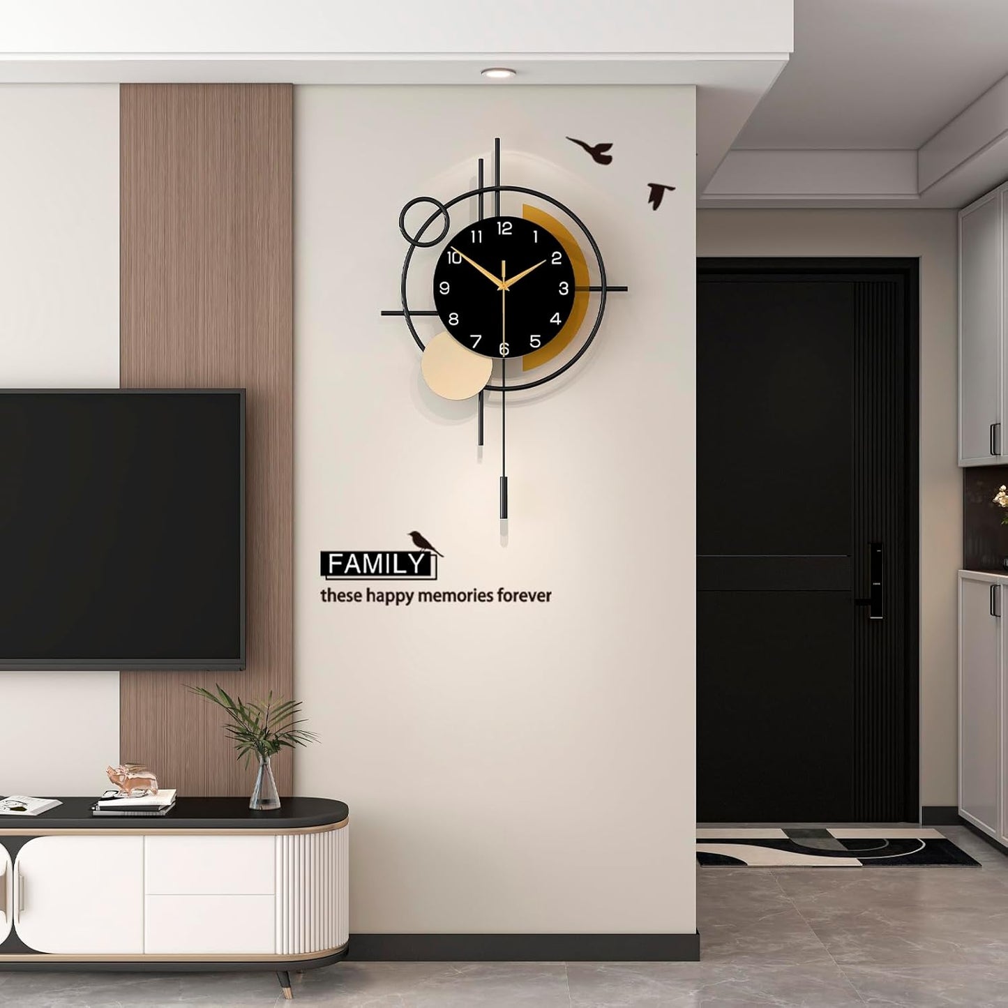 Wall Clock for Living Room Decor Decorative Wall Clock with Pendulum Silent Quartz Battery Operated Black Metal Large Clock for Dining Room,Kitchen,Home,Bathroom,Bedroom,13.8x21.3 in