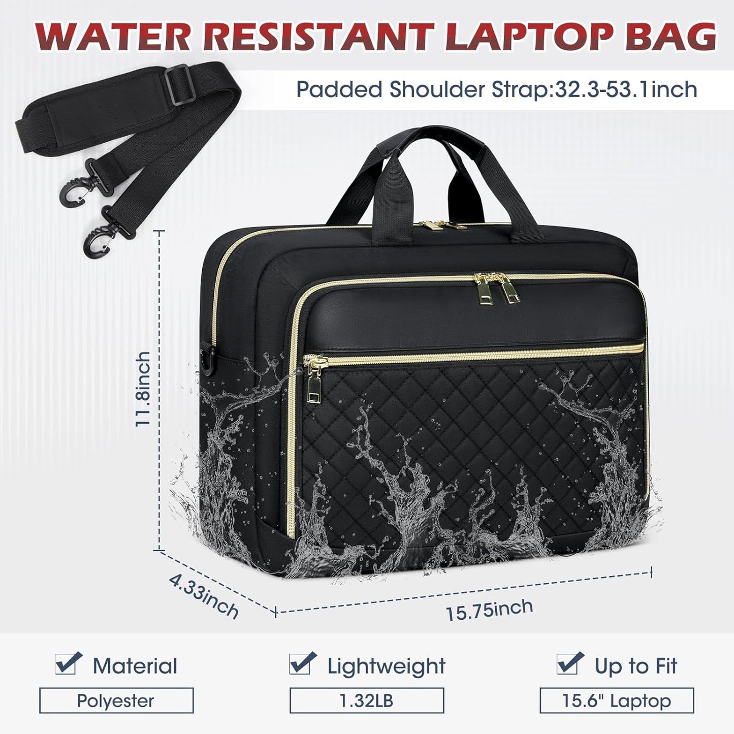 NEWHEY Laptop Bag 15.6 Inch Briefcase for Women Men Waterproof Laptop Messenger Bag Large Shoulder Computer Bag for Business Office Work College, Black