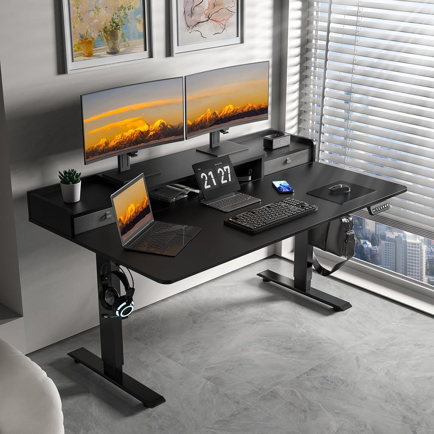 63 x 30 Inch Electric Standing Desk with 2 Drawers, Adjustable Height Widened Stand Up Desk with Storage, Sit to Stand Ergonomic Workstation for Home Office, Classic Black