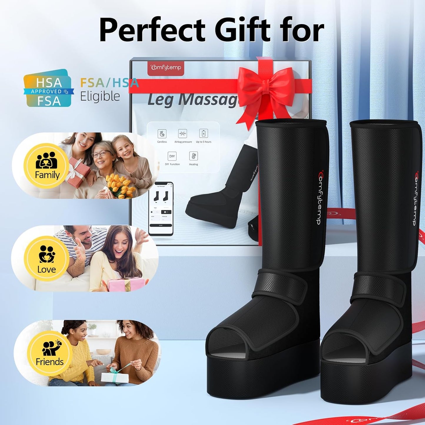 Comfytemp Cordless Foot and Calf Massager with Heat, Birthday Gift for Men Women Dad Mom Seniors, Rechargeable Leg and Feet Compression Massage for Circulation and Pain Relief (Fits Size 6 to 10)