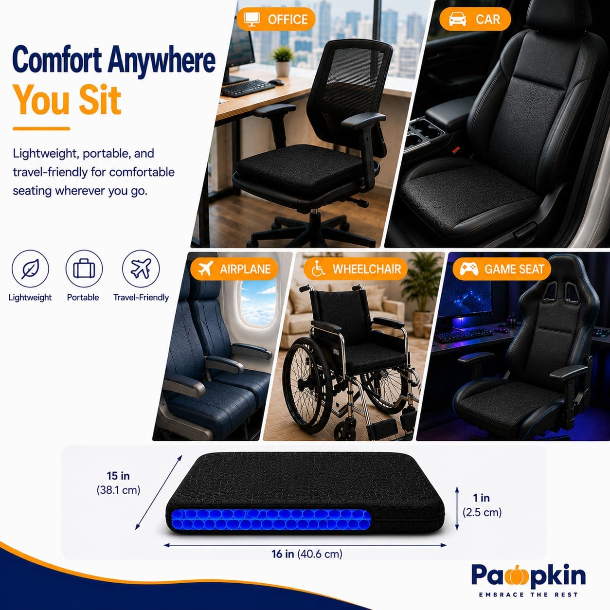 Pampkin Gel Seat Cushion for Long Sitting | Ergonomic Coccyx & Tailbone Support for Sciatica, Hip & Lower Back Pain | Breathable, Washable Cover | Ideal for Office, Car, Wheelchair, Stadium & Plane