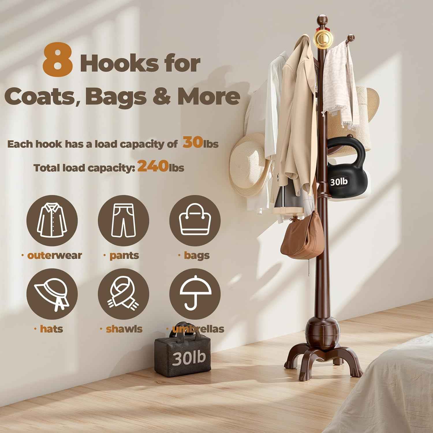 Wood Coat Rack Freestanding, Solid Wooden Hall Tree with 8 Hooks, Coat Tree Freestanding Heavy Duty with Stable Base, Entryway Hallway Bedroom Office Use, 240lbs Load Capacity H:71.6in (Walnut)