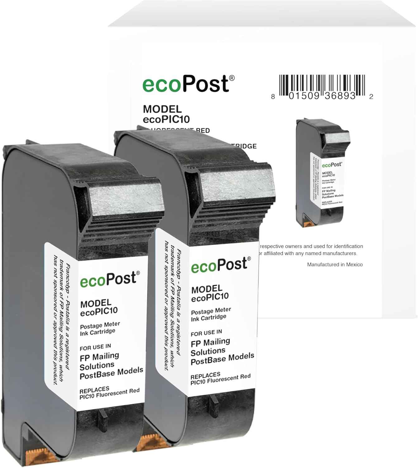Clover ecoPost Replacement Postage Meter 2 Pack Ink Cartridge for FP Mailing Solutions PIC10 | Flourescent Red
