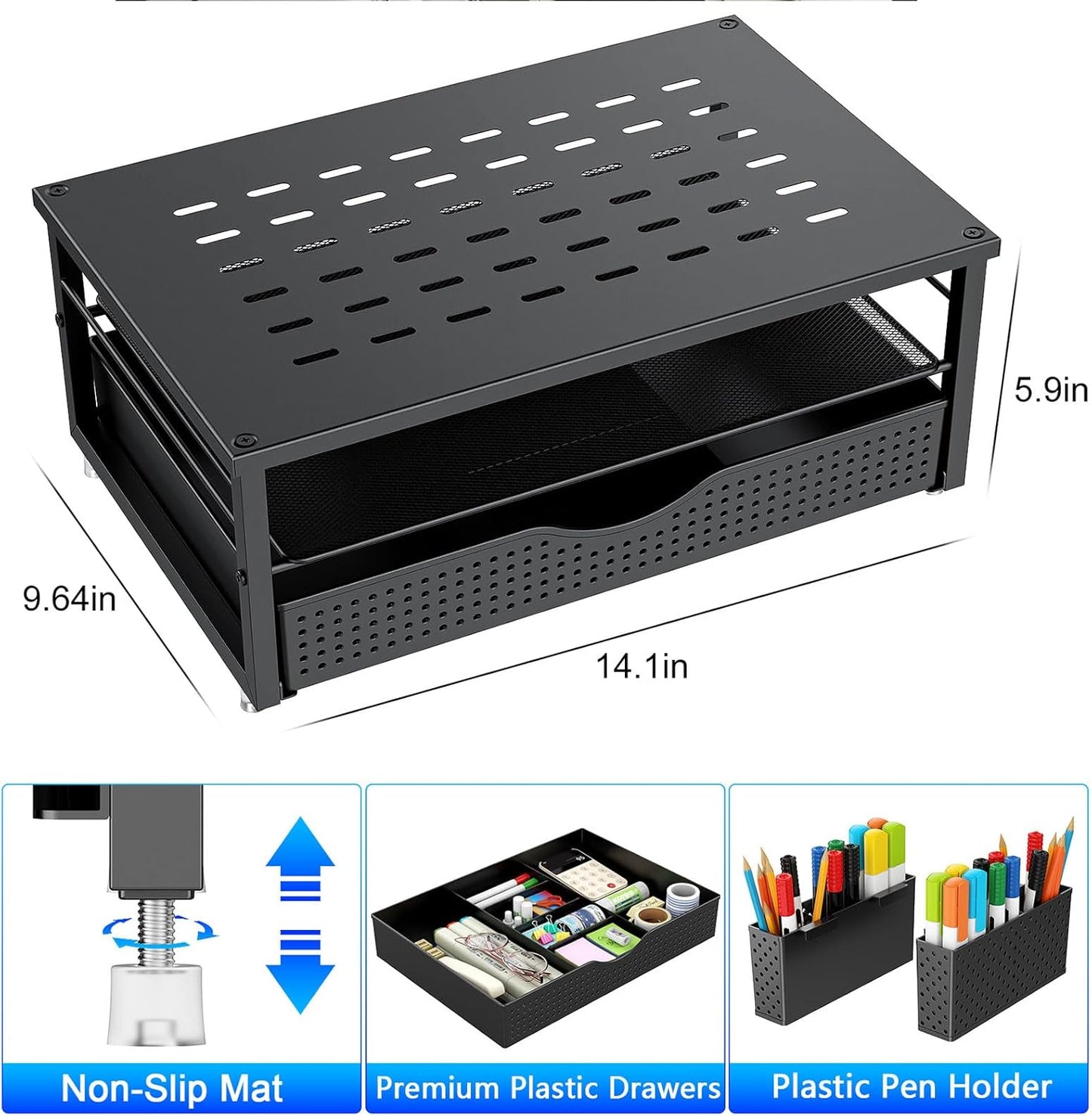 gianotter Desk Organizers and Accessories, Monitor Stand with Drawer and 2 Pen Holder, Desktop Organizer Suitable for Offices and Dormitories (Black)
