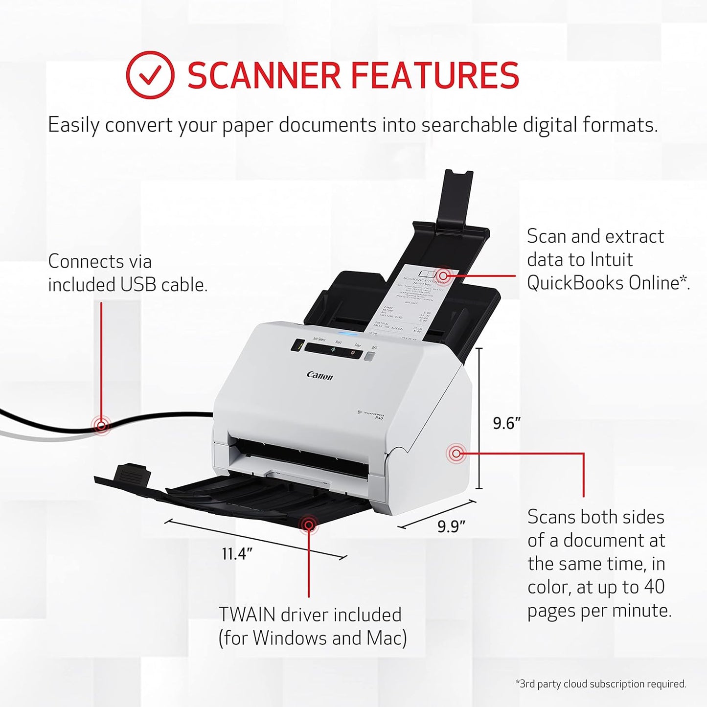 Canon imageFORMULA R40 Office Document Scanner Receipt Edition, for PC and Mac, Scan & Extract Data to QuickBooks Online, Color Duplex Scanning, Auto Document Feeder, Easy Setup for Office Or Home Use - Lumora Desk