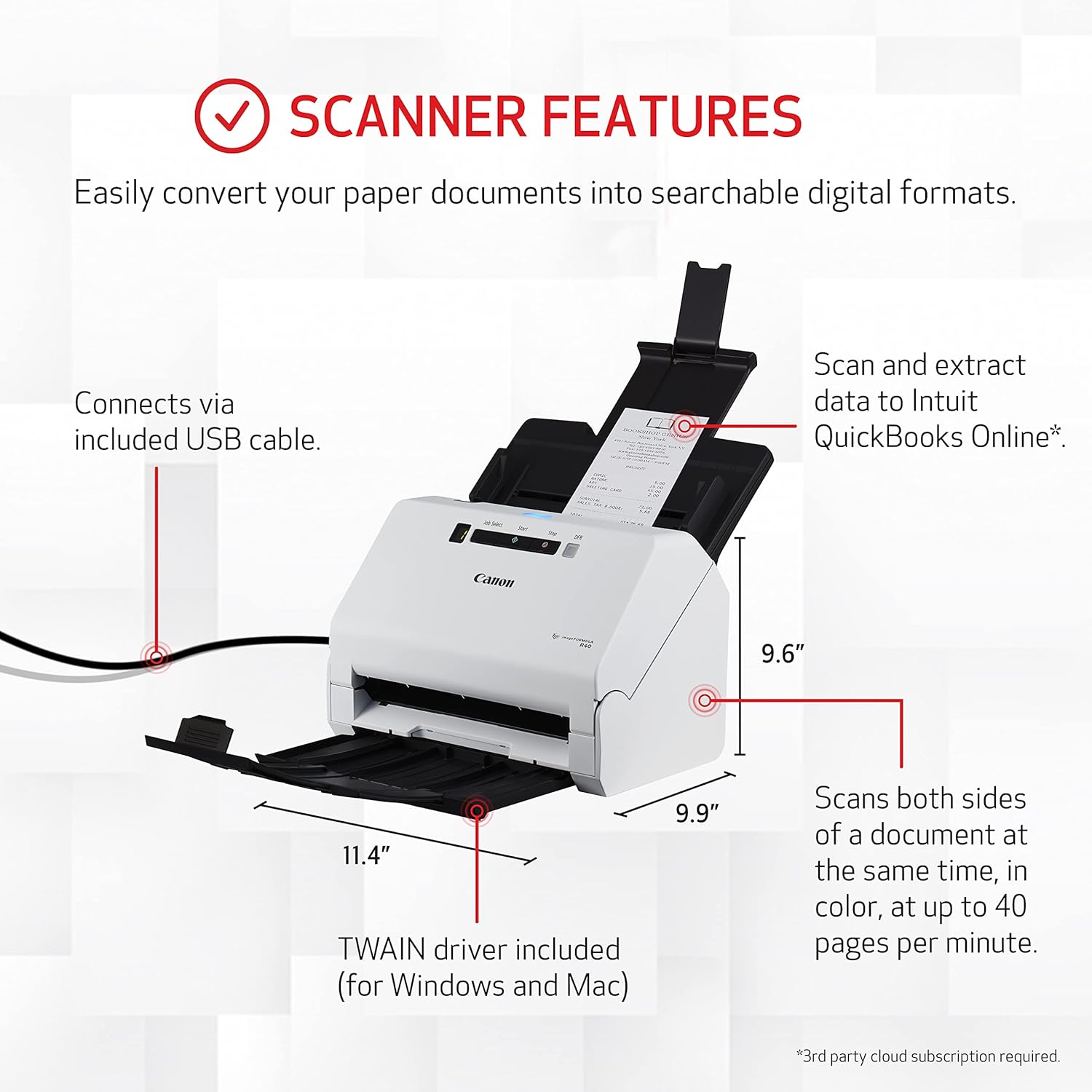 Canon imageFORMULA R40 Office Document Scanner Receipt Edition, for PC and Mac, Scan & Extract Data to QuickBooks Online, Color Duplex Scanning, Auto Document Feeder, Easy Setup for Office Or Home Use - Lumora Desk