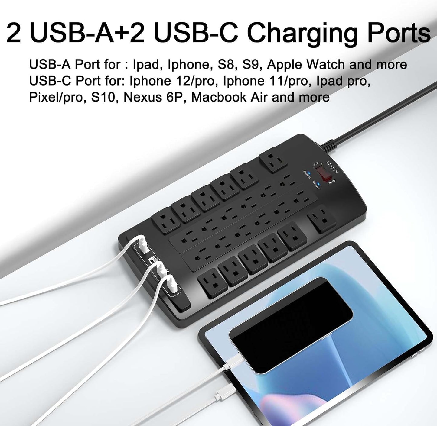QINLIANF Surge Protector Power Strip - 15Ft Flat Plug Heavy Duty Extension Cord with 24 Outlets and 4 USB Ports(1 USB-C Ports), 1875W/15A, 4100J, for Home, Office, Dorm, ETL Listed, Black