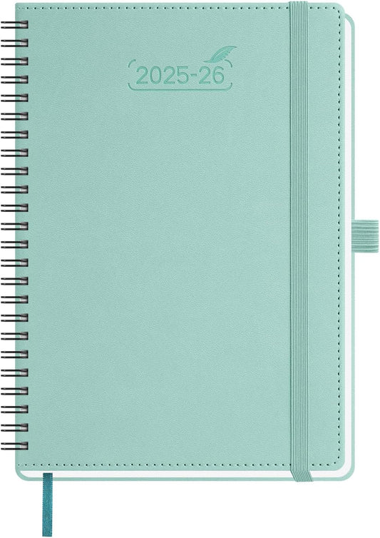 BEZEND Planner 2025-2026 Weekly and Monthly, 5.8" x 8.5" Academic Calendar (Jul 25-Dec 26) Vertical Daily Appointment with Hourly Timeslot & Monthly Tab, Spiral, PU Leather Softcover - Mint Green