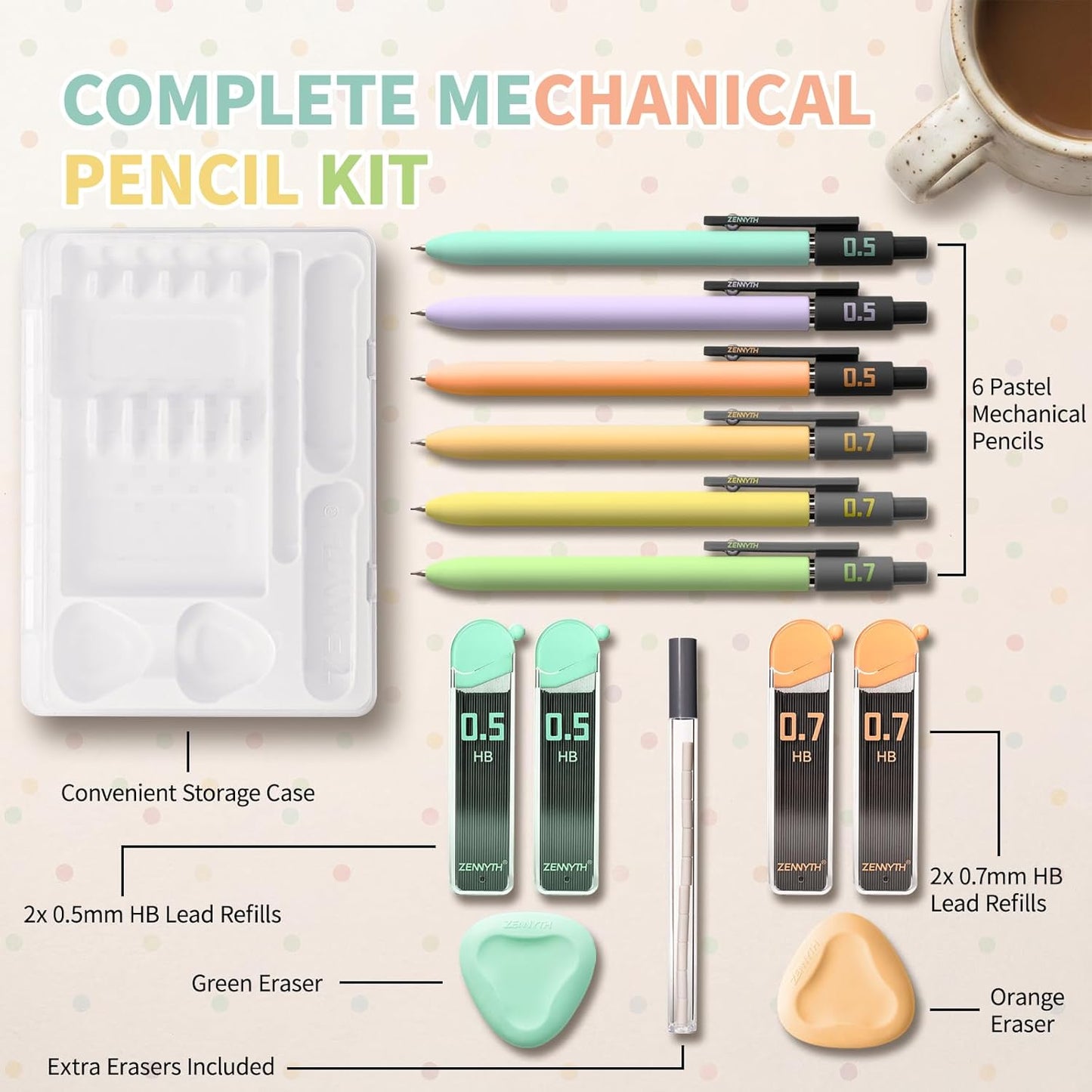 Cute Aesthetic Mechanical Pencil Set, 0.5 Mechanical Pencil & 0.7 Mechanical Pencils, Pastel Pencil Set with Lead Refills, Erasers and Storage Case for School Supplies, Note Taking and Drawing