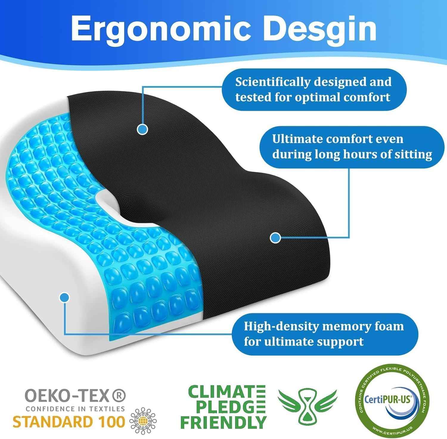 TranquilRelax Seat Cushion Office Chair Cushion for Back & Tailbone & Sciatica Pain Relief, Black Memory Foam Desk Chair Cushion Pressure Relief Seat for Long Sitting Car Drivers, Office Worker