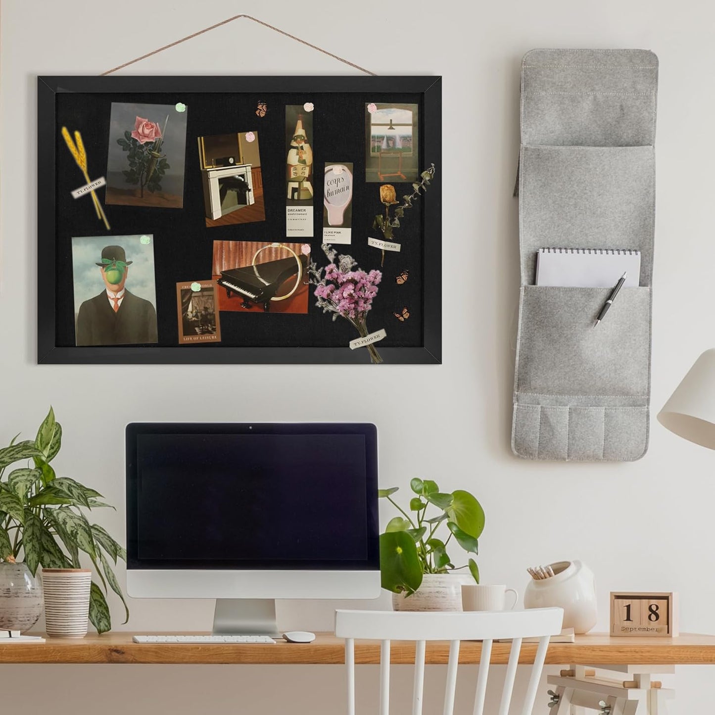 Black Cork Board Bulletin Board 16.7" x 11", Small Linen Corkboards with Frame for Walls, Cute Picture Display Pin Board Vision Board for Room School Office Bedroom 8 Pushpins - Lumora Desk