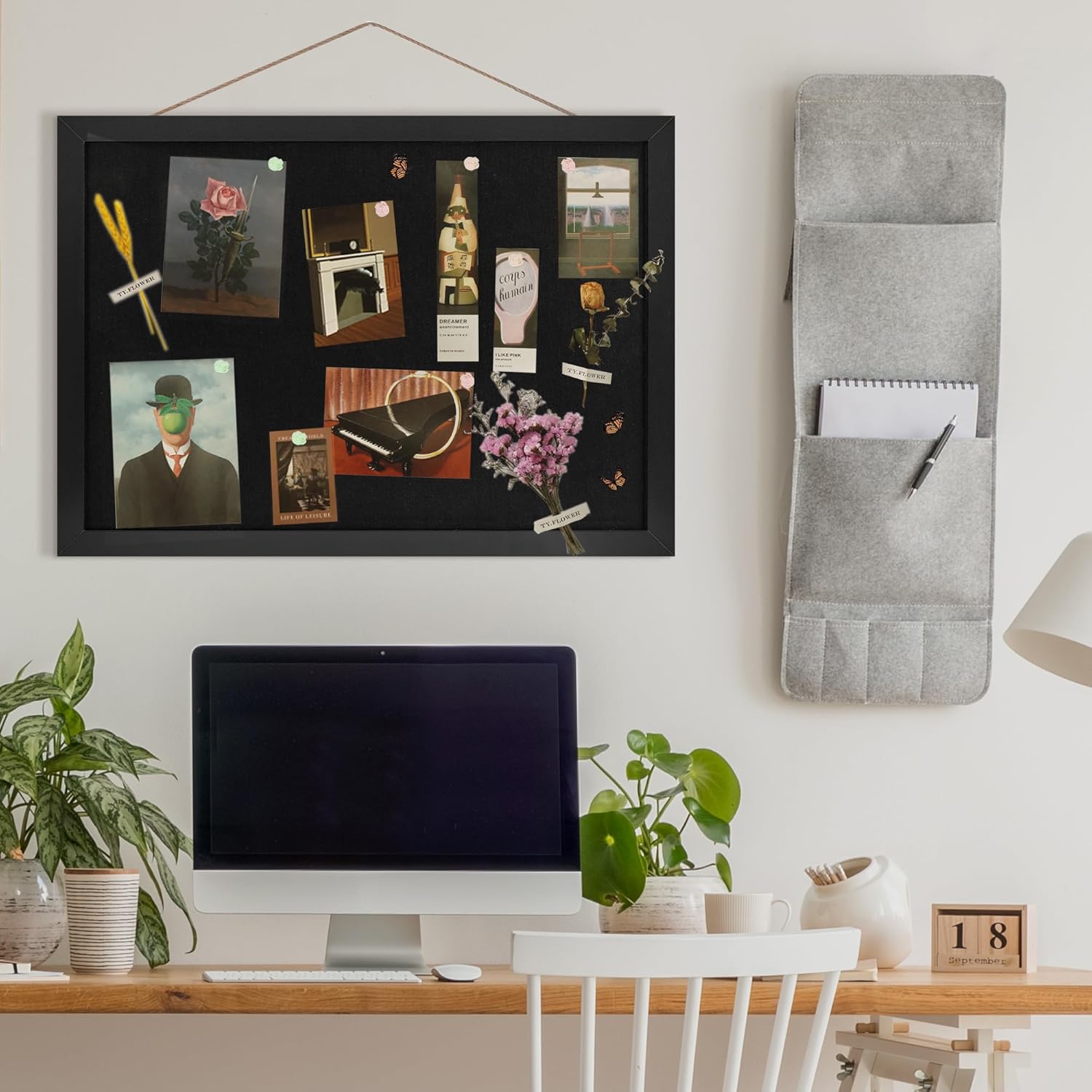 Black Cork Board Bulletin Board 16.7" x 11", Small Linen Corkboards with Frame for Walls, Cute Picture Display Pin Board Vision Board for Room School Office Bedroom 8 Pushpins - Lumora Desk