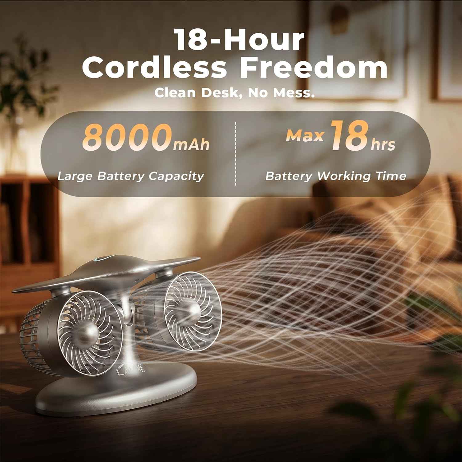 Portable Desk Fan, 8000mAh Battery Operated 18H Runtime Aviation Turbine Table Fan, Quiet USB-C Rechargeable Personal Fan, Unique Tech Office Gift for Men, Dad, Pilots