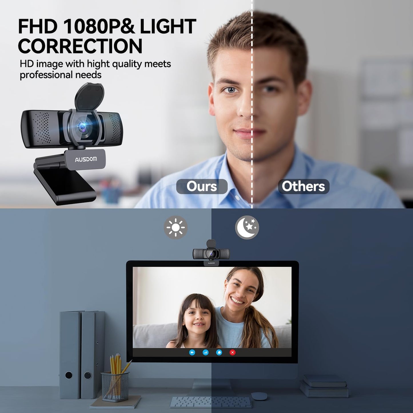 AUSDOM AF640 1080P Webcam with Microphone, 90°FOV USB PC Camera Webcam with Privacy Cover, Plug and Play Computer Camera for Online Calling/Conferencing, Zoom/Skype/YouTube, Laptop/PC