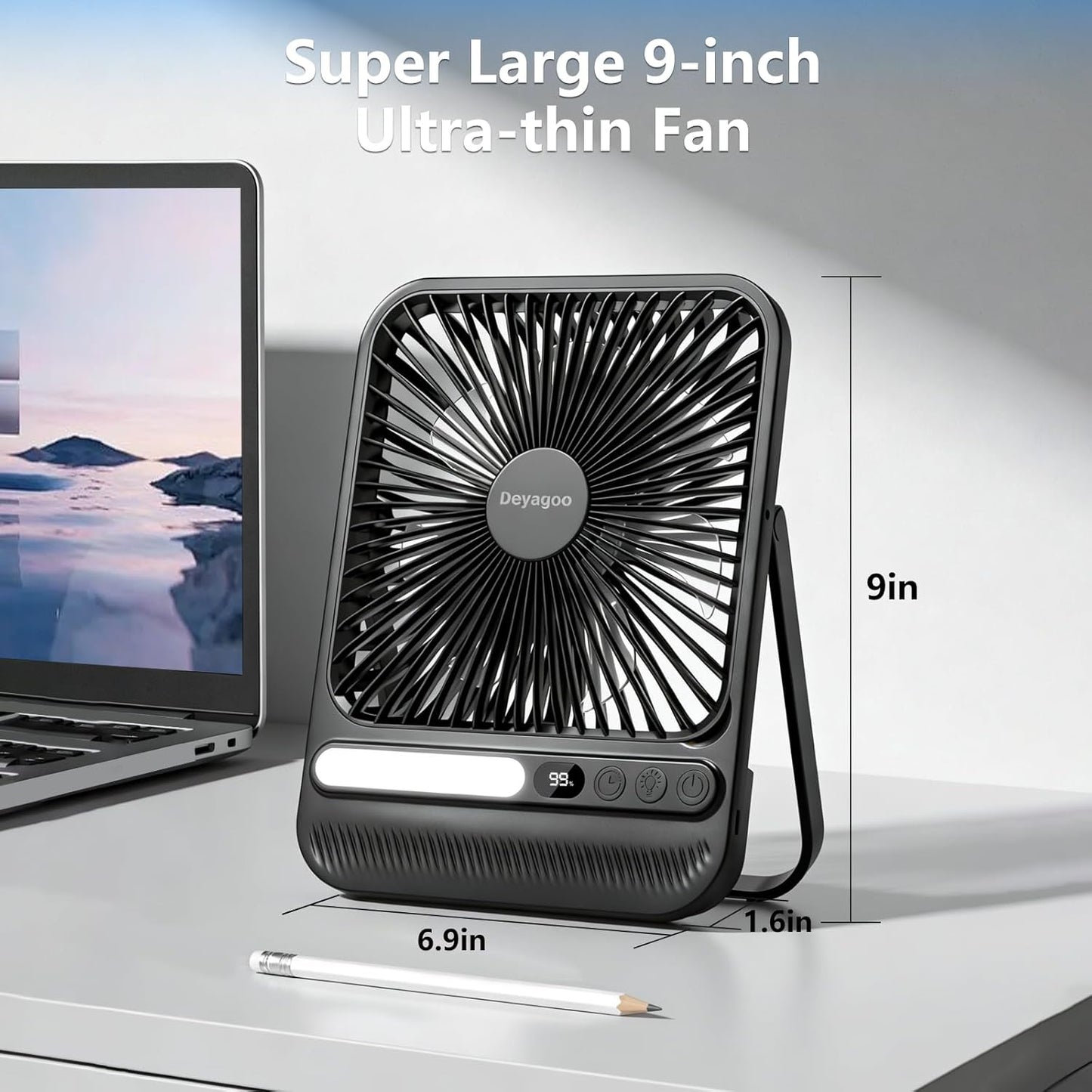 Deyagoo Travel Fan,7-Inch Portable Fan, Rechargeable Fan, 28H 10000mAh Ultra-Thin Quiet USB Desk Fan with Timer & LED Display for Bedroom, Office, Camping