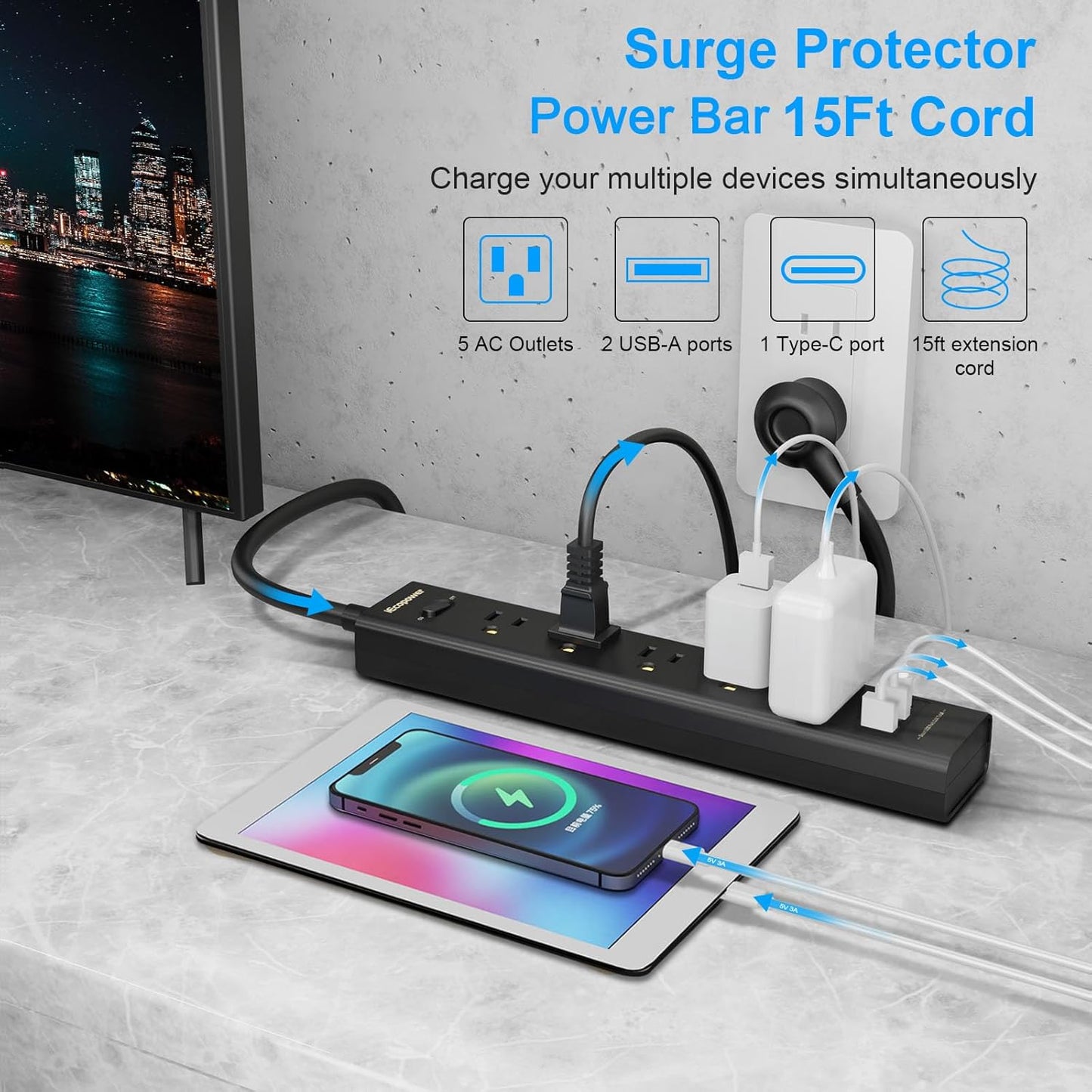 Surge Protector Power Strip 15 ft Cord-5 Widely Spaced Outlets 3 USB Ports(1 USB C Port),Power Strip Long Cord(1250W/10A),Power Strips with Surge Protection, Wall Mount for Home Office,Black(2 Pack)