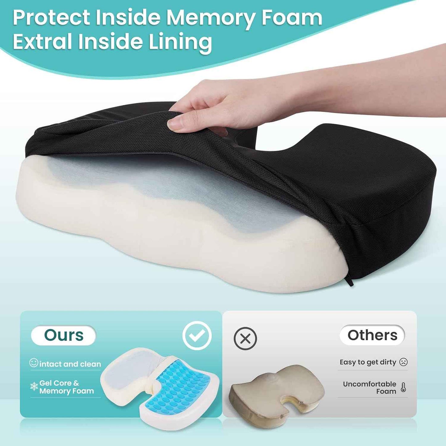 Office Chair Seat Cushion, Cooling Gel Enhanced Memory Foam Cushion for Long Sitting - Back, Sciatica, Coccyx, Tailbone Pain Relief Pillow - for Office, Gaming, Car, Wheelchair - Black, X-Large