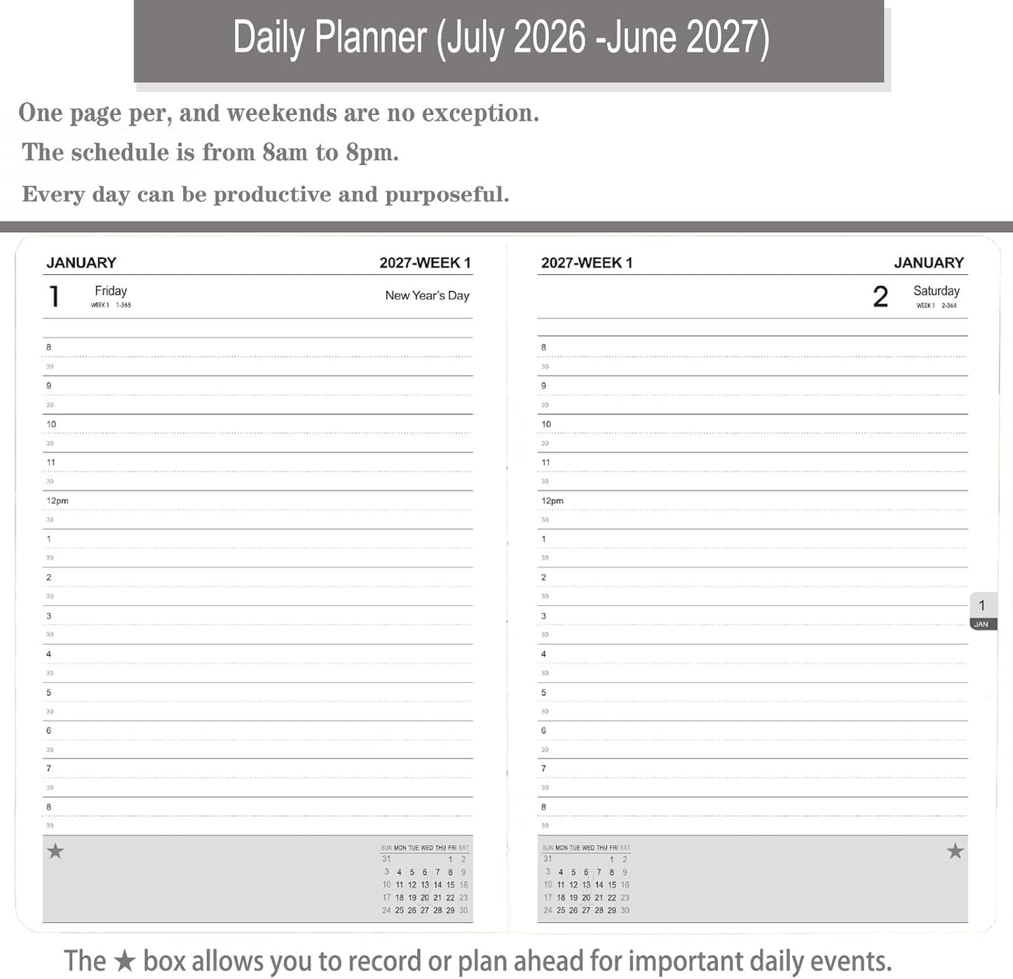 Daily Planner 2026-2027, One Page Per Day, Academic Calendar (July 2026 - June 2027), Appointment Book with Time Slots and Monthly Tabs, 5.7" x 8.25", Pocket, Leather Cove (Black)