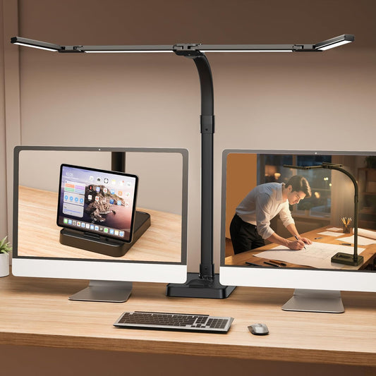 LED Desk Lamp for Home Office - 24W Bright Double Head Desk Light with Clamp Eye Caring Architect Task Light 25 Lighting Modes Adjustable Flexible Gooseneck Lamp (All Black)