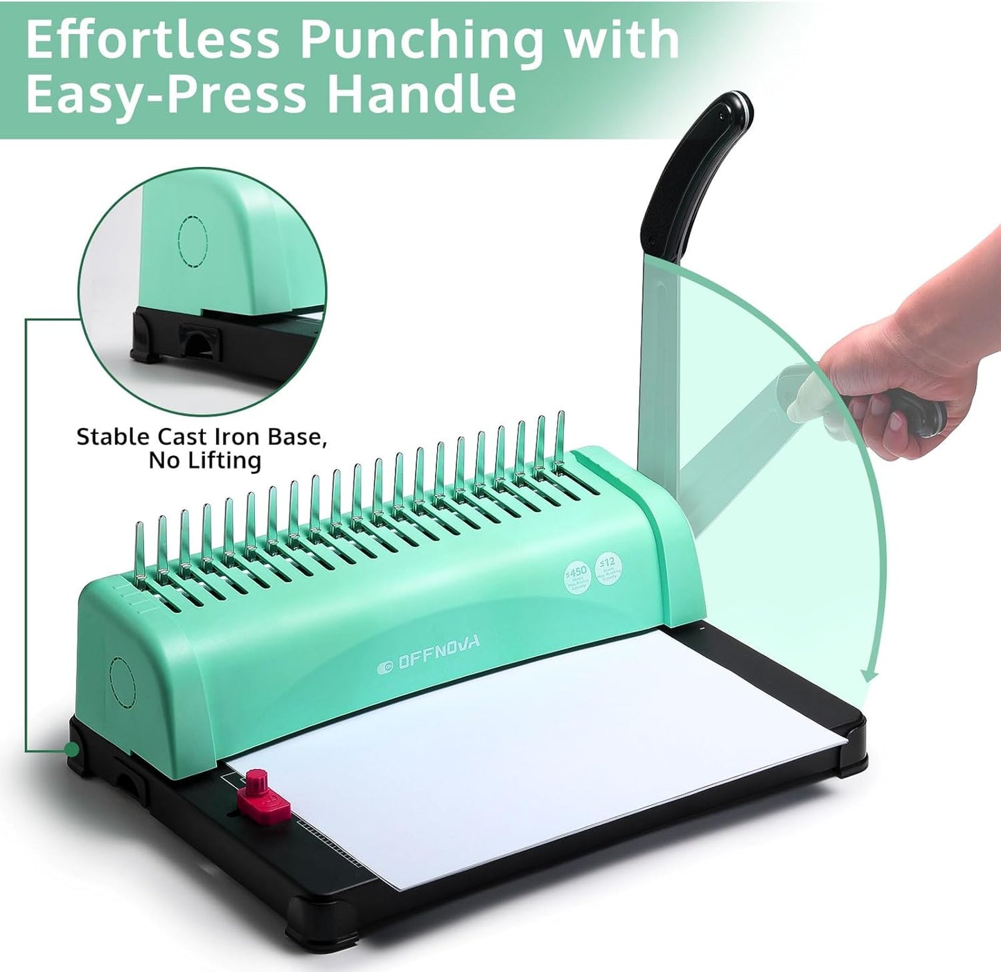 OFFNOVA Binding Machine, 21-Hole 450 Sheets Paper Comb Punch Binder Machine for Letter Size / A4 / A5 Paper, Easy to Punch Handle, Adjustable Margin