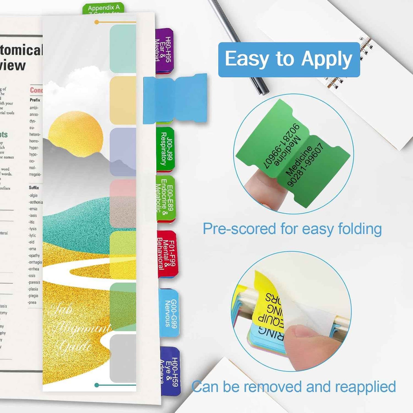 Upgraded Index tabs for AAPC Version 2025 ICD-10 -CM, 96 Book Tabs, Color-Coded with Alignment Card & Page Numbers Sheet & Bookmark, Laminated Durable, Book Not Included