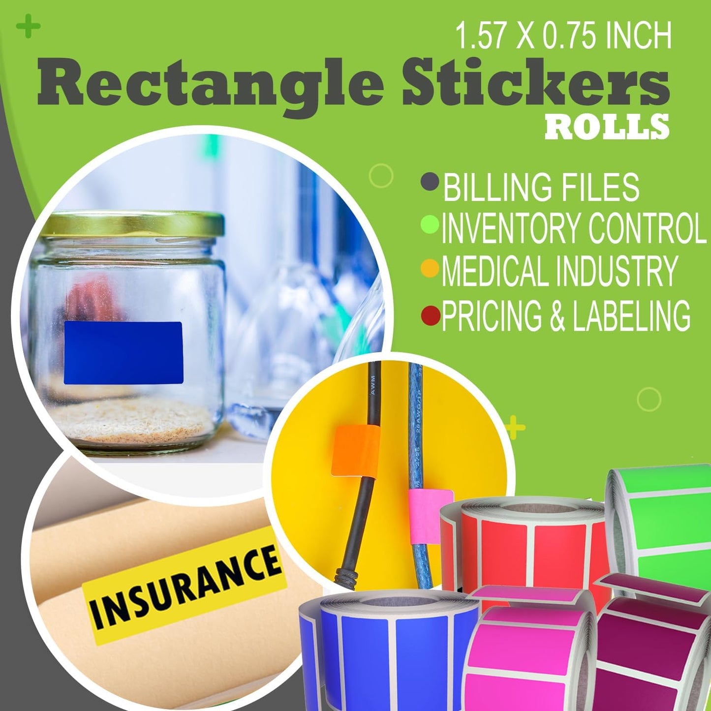 Small Color Coding Sticker Roll 1.57" x 0.75", 5 Rolls- 2500-Pack, Rectangular Organizing Labels 40mmx19mm (Neon Yellow) by Royal Green