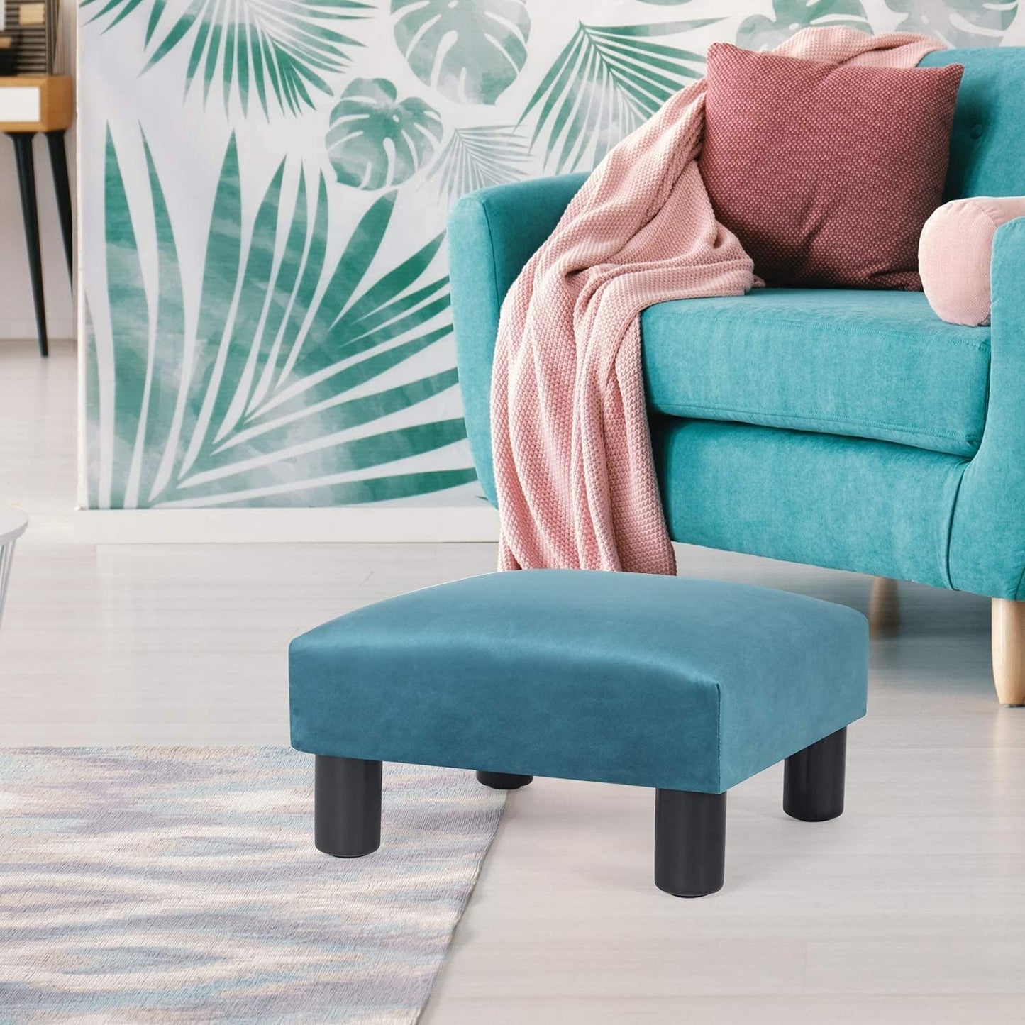 Joveco 15.7'' Small Footstool Ottoman Upholstered Soft Footrest with Non-Skid Plastic Legs, Foot Rest for Desk Couch Living Room Bedroom Office (Blue)