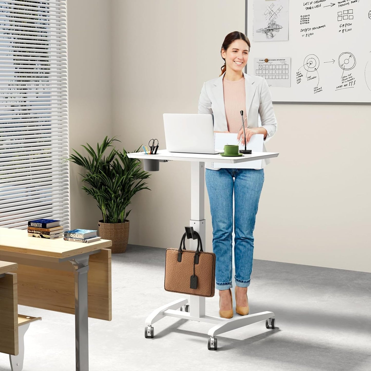 Glass Mobile Standing Desk, Height Adjustable Rolling Laptop Table, 27 inches Portable Sit Stand Desk with Wheels and Hook, Pneumatic Computer Workstation, White