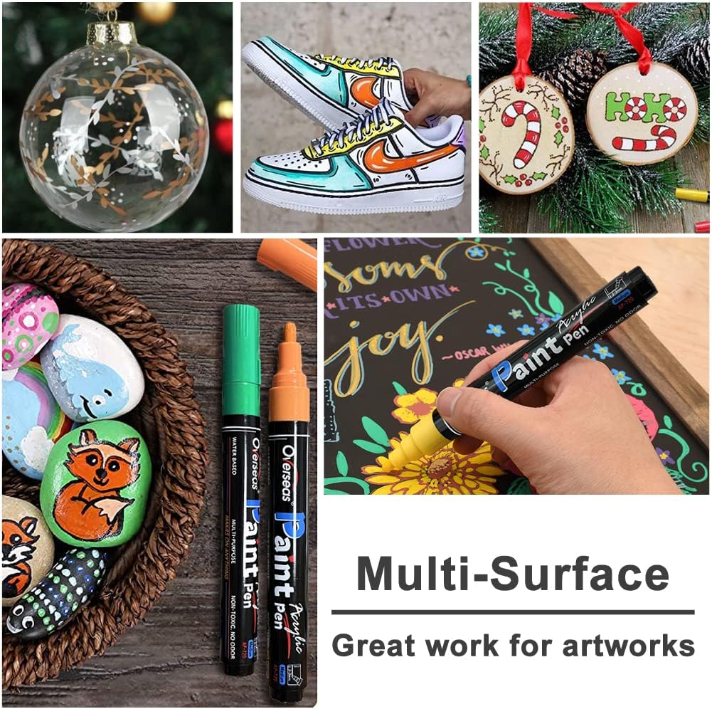 Overseas White Paint Pens Paint Markers - Permanent Acrylic Markers 2 Pack, Water Based, Quick Dry, Waterproof Marker Pen for Rock, Wood, Plastic, Metal, Canvas, Glass, Fabric, Mugs. Medium Tip