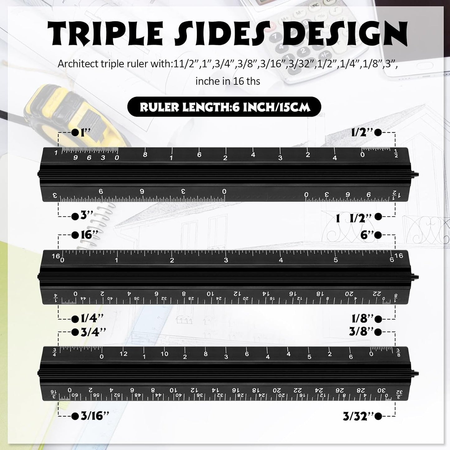 Fumete 12 Pack 6 Inch Architectural Engineering Scale Rulers Small Scale Ruler Pocket Size Scale Ruler Construction Rulers Imperial Measurements for Architects Engineering, Draftsman Drawing(Black)
