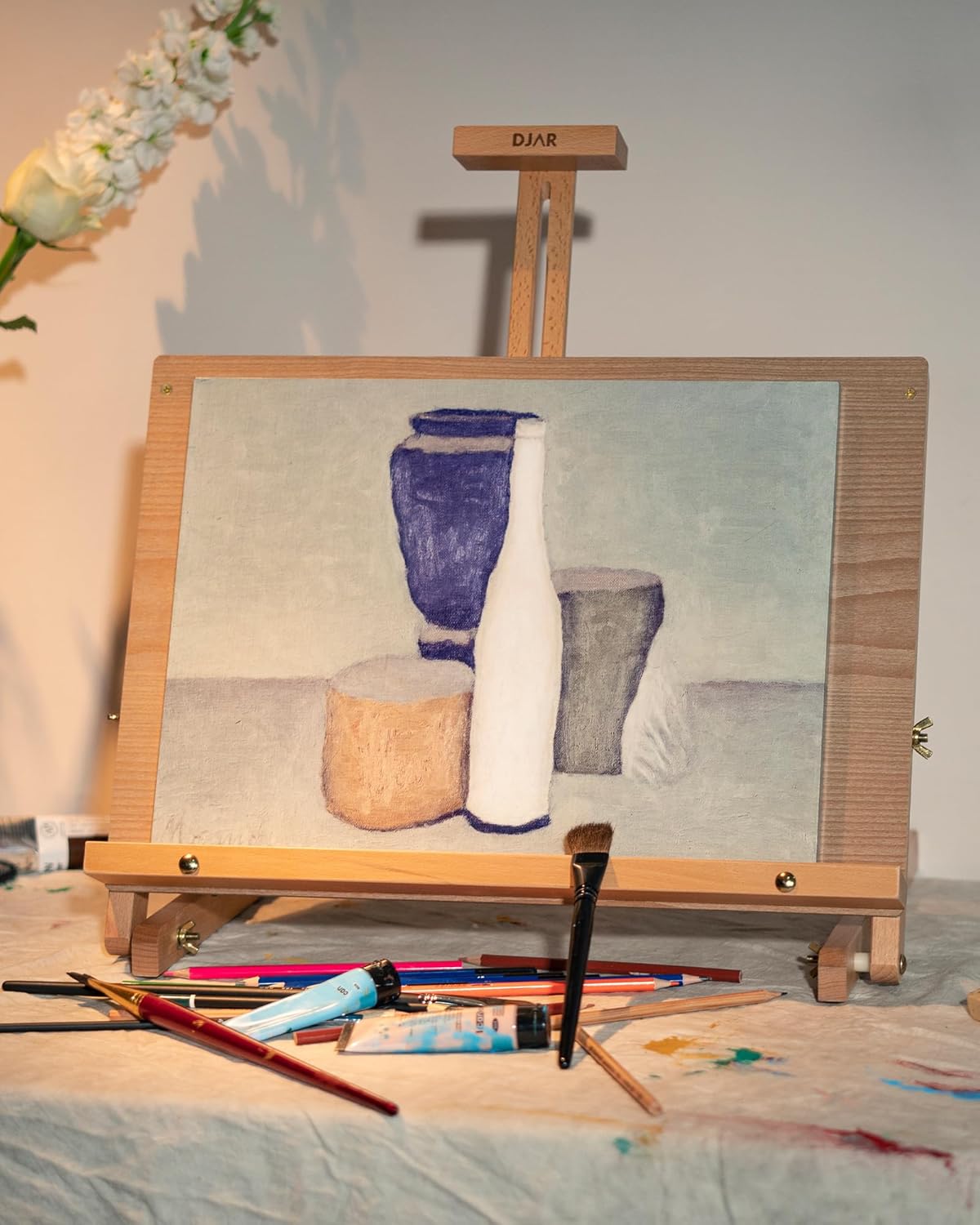 DJAR Adjustable Tabletop Easel for Artists & Beginners, Solid Beech Wood Desktop Sketching Drawing Painting Board Easel, Hold Canvas up to 23", Natural