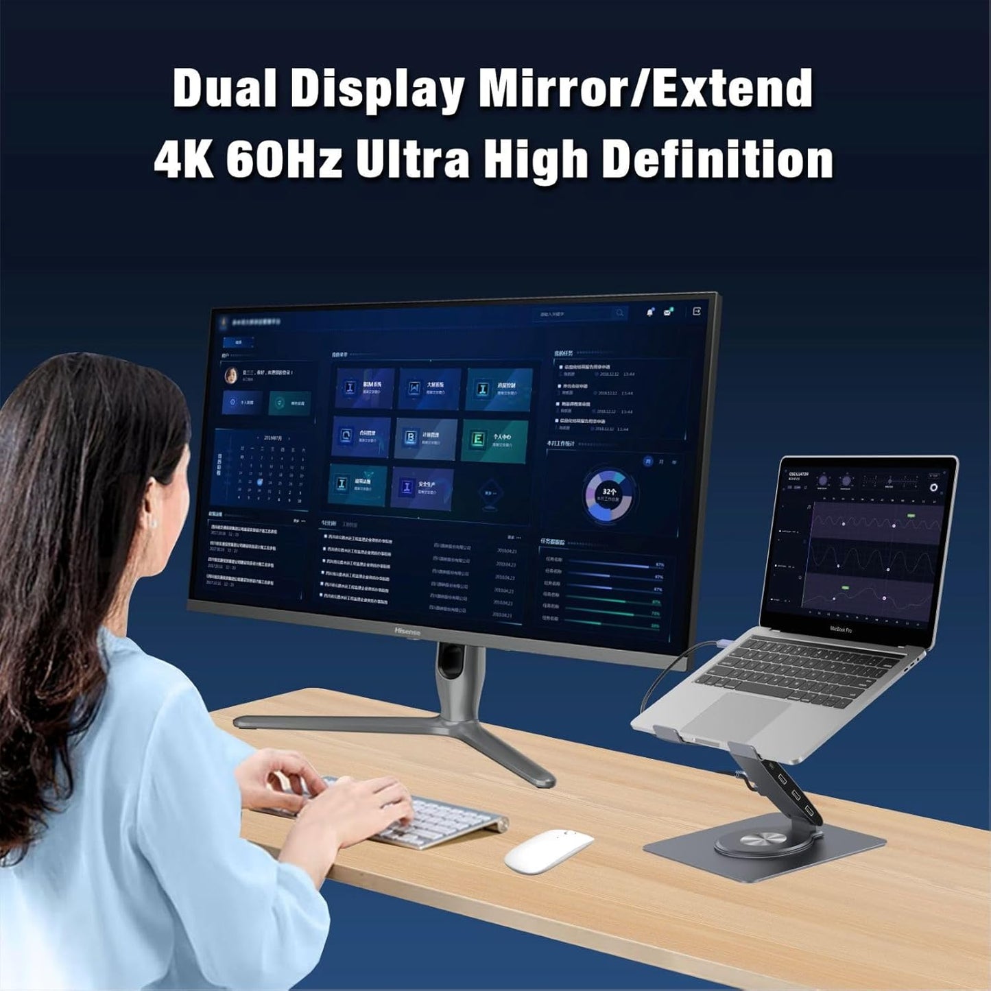 USB-C Hub Laptop Stand with Fan, Aluminum Laptop Riser with Docking Station 9-IN-1, 4K@60Hz HDMI, 100W PD Charging, USB 3.0, 3.5mm Audio, 360° Swivel, for MacBook Pro/Air, iPad Pro & Type-C Laptops