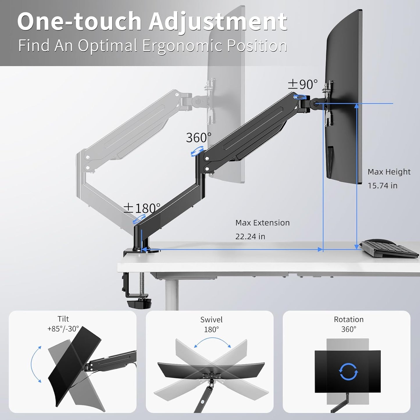 Suptek Single Monitor Mount,Adjustable Gas Spring Monitor Arm Desk Mount Stand Fits 17 20 22 23 24 26 27 32 33 inch,Holds up to 22 lbs, Black(MD18)