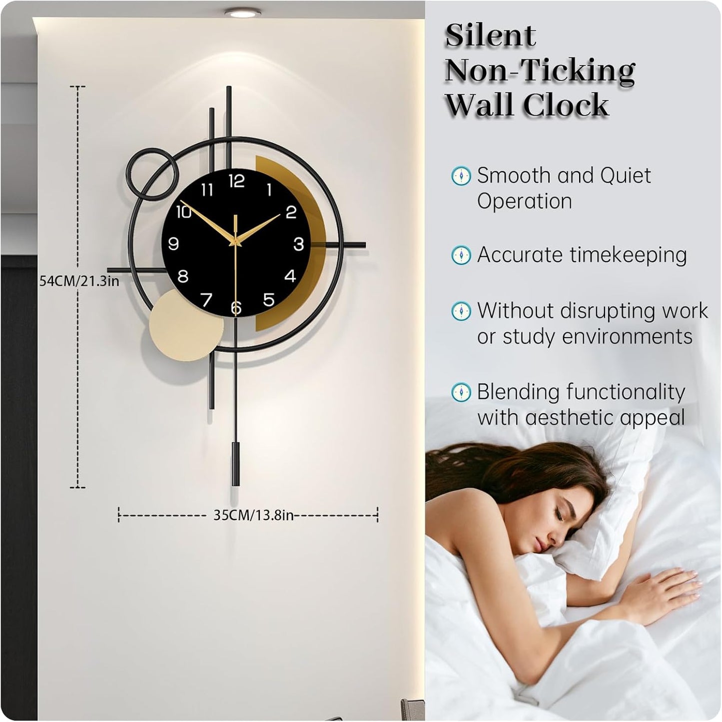 Wall Clock for Living Room Decor Decorative Wall Clock with Pendulum Silent Quartz Battery Operated Black Metal Large Clock for Dining Room,Kitchen,Home,Bathroom,Bedroom,13.8x21.3 in