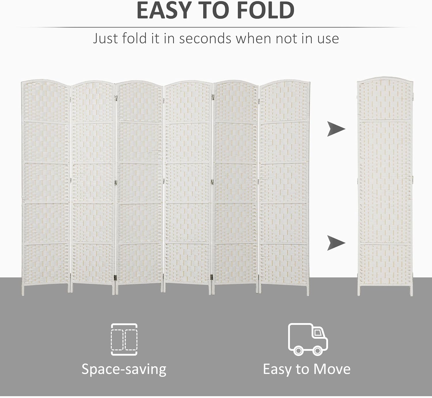 HOMCOM Room Divider, 6 Panel Folding Privacy Screen, 6FT Tall Portable Wicker Weave Partition Wall Divider for Bedroom, Home Office, White - Lumora Desk