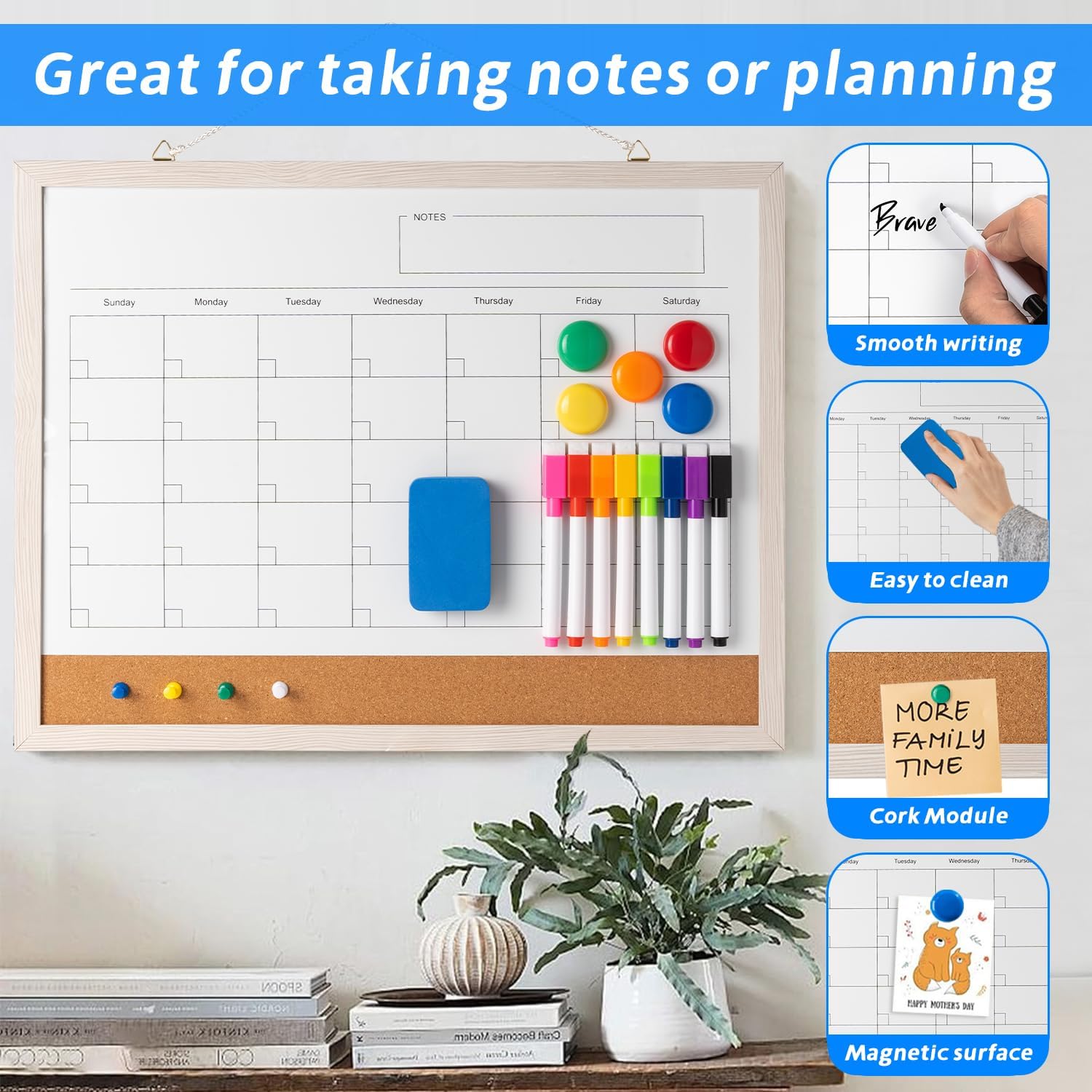 Dry Erase Calendar Whiteboard, 17" x 13" Magnetic Whiteboard Cork Board Combo, Reusable Monthly Planner with 8 Markers, Eraser, Magnets and Pushpins, Hanging Dry Erase Board for Home, School - White - Lumora Desk