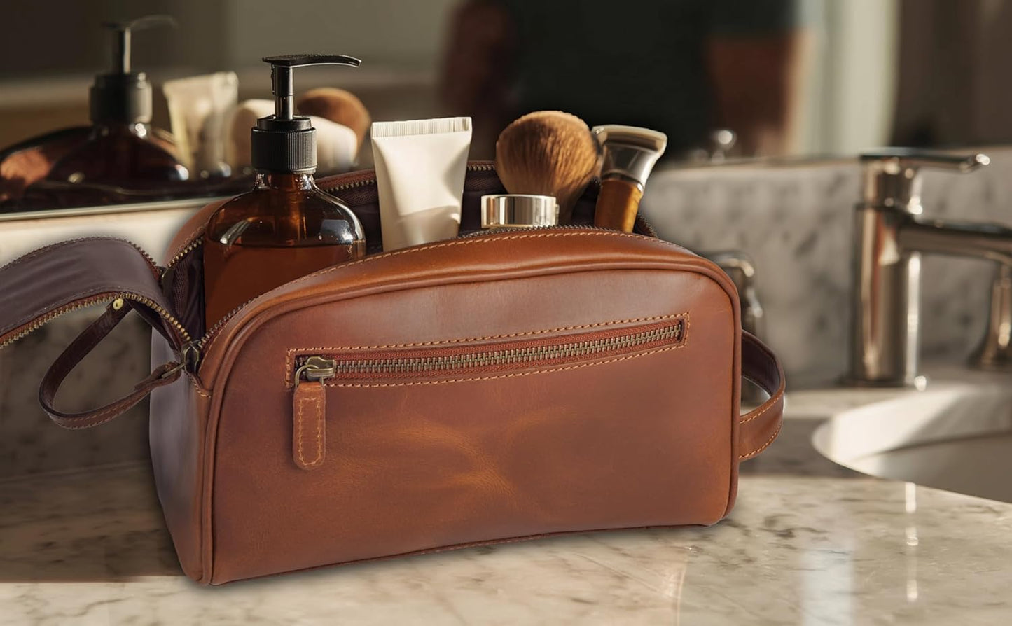 MDS® Genuine Leather Toiletry Bag for Men - Unisex Rustic Classic Vintage Handcrafted Full-Grain Leather Travel Dopp Kit with Waterproof Lining & Handle, Shaving & Grooming Kit Organizer Pouch, Tan