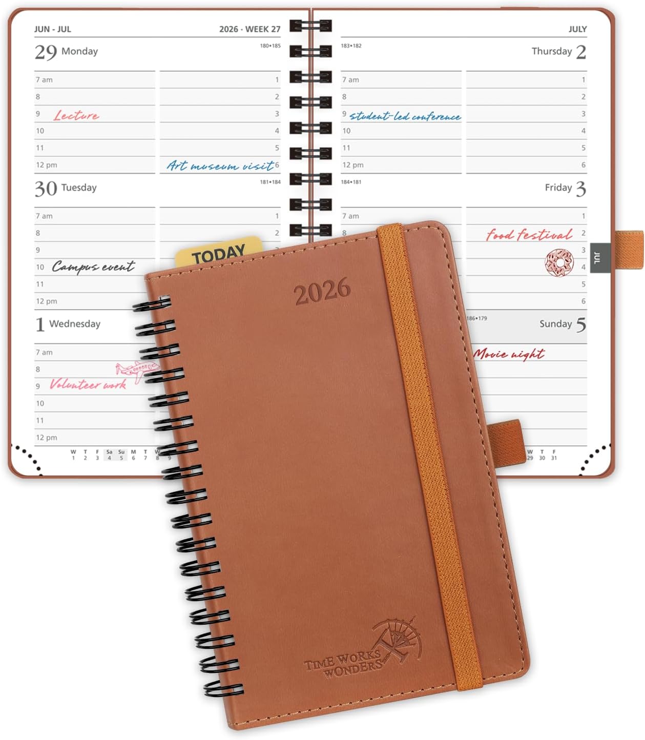 POPRUN Pocket 2026 Planner (Small Size- 4'' x 6.25'') Weekly and Monthly for Purse - Calendar 2026 (Jan. 2026 - Dec.2026) with Soft Cover, Plastic Ruler - Brown