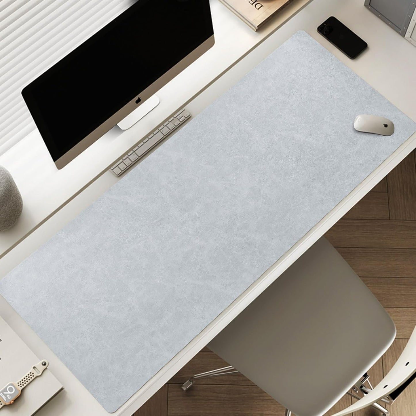 Leather Desk pad for Computer and laptops, Ideal for Gaming and Office use, Large Mouse pad and Keyboard mat,Desk mat for Man. A complimentary Wrist pad and Phone Stand.(Gray-White, 15.7"x 31.5")