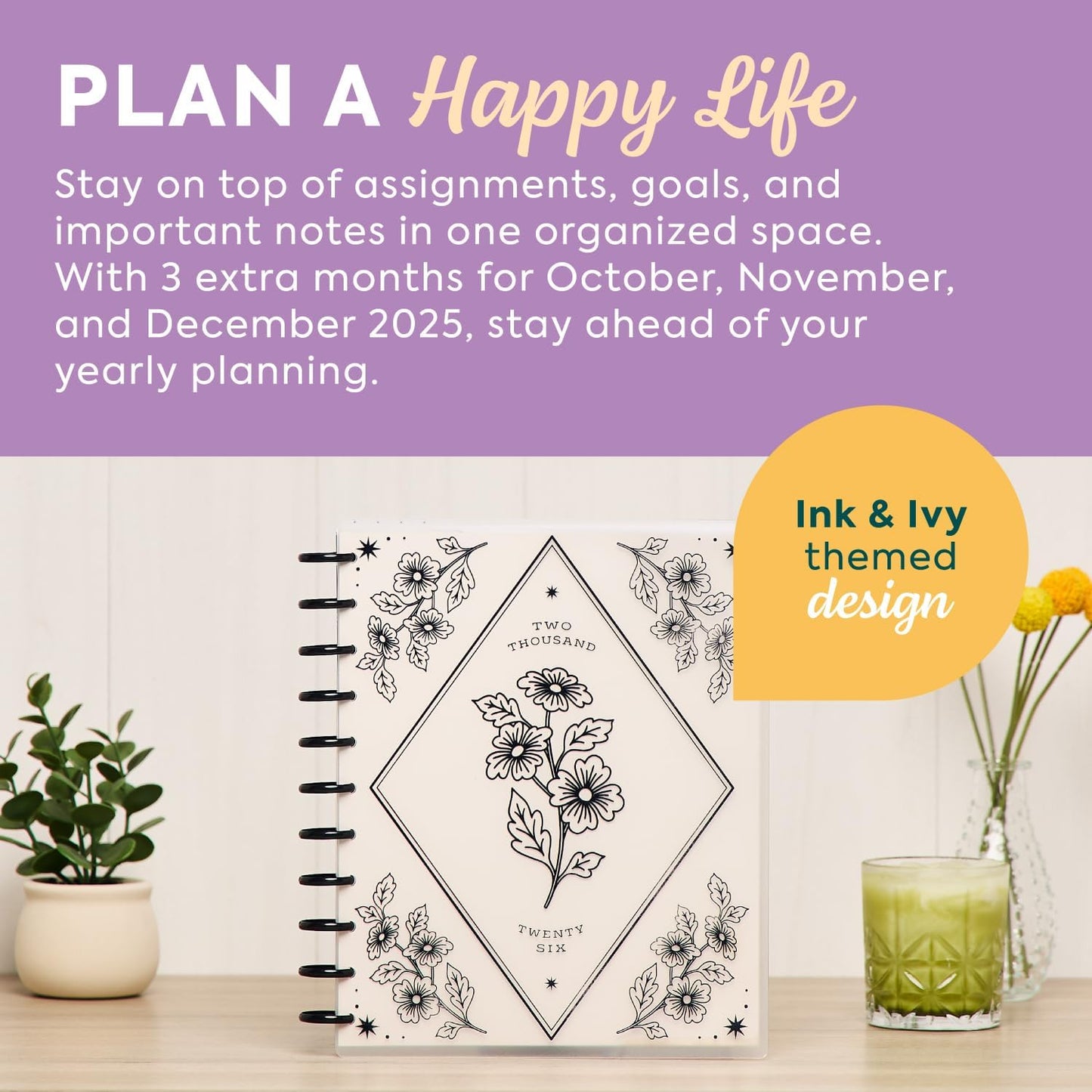 Happy Planner Disc-Bound Planner Jan.–Dec. 2026, Includes 3 Extra Months and 2 Sticker Sheets, Big Size, 8.5" x 11", Dashboard Layout, Ink & Ivy