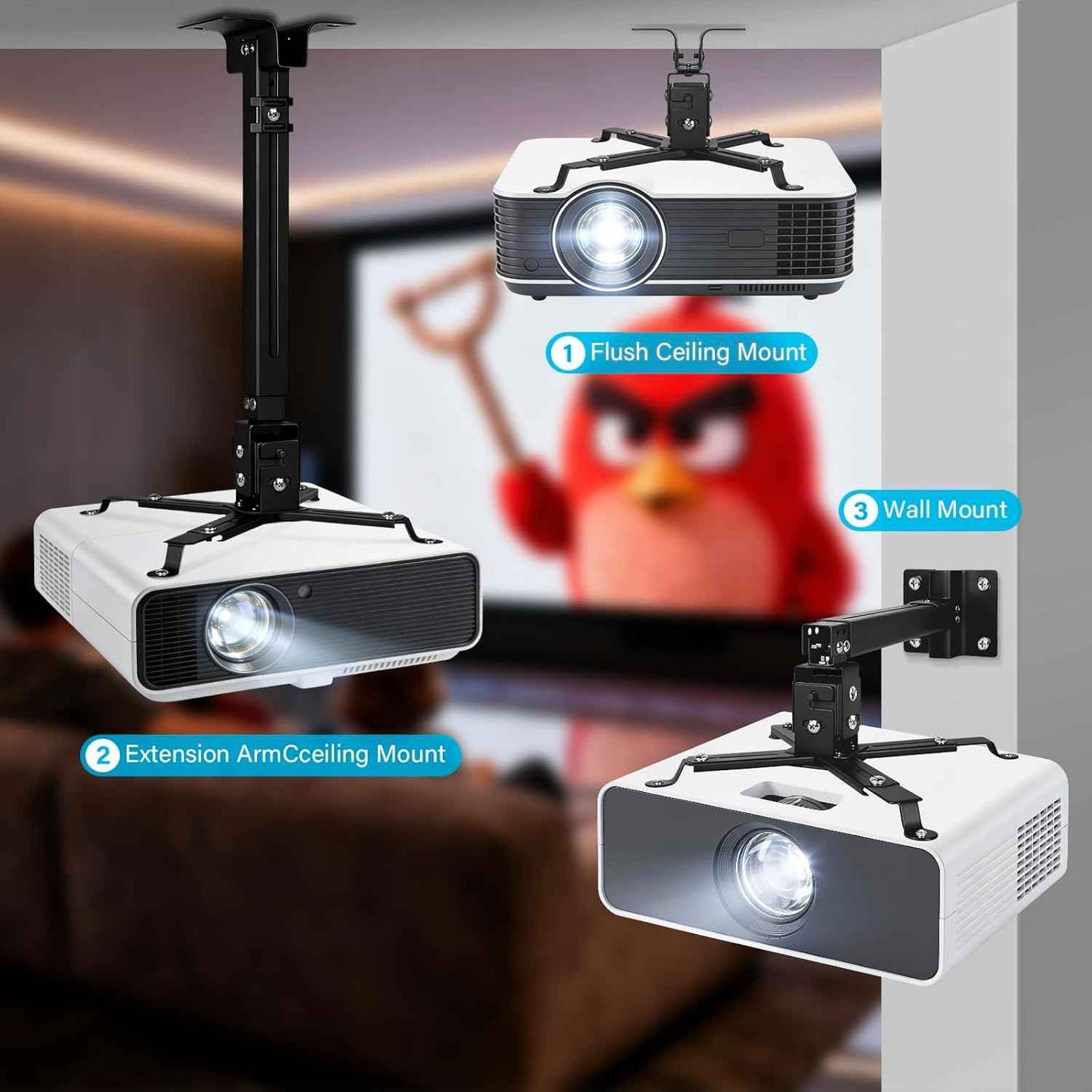 Projector Mount Ceiling/Wall - Universal 3-in-1 Bracket with Extension Pole& Cable Ties