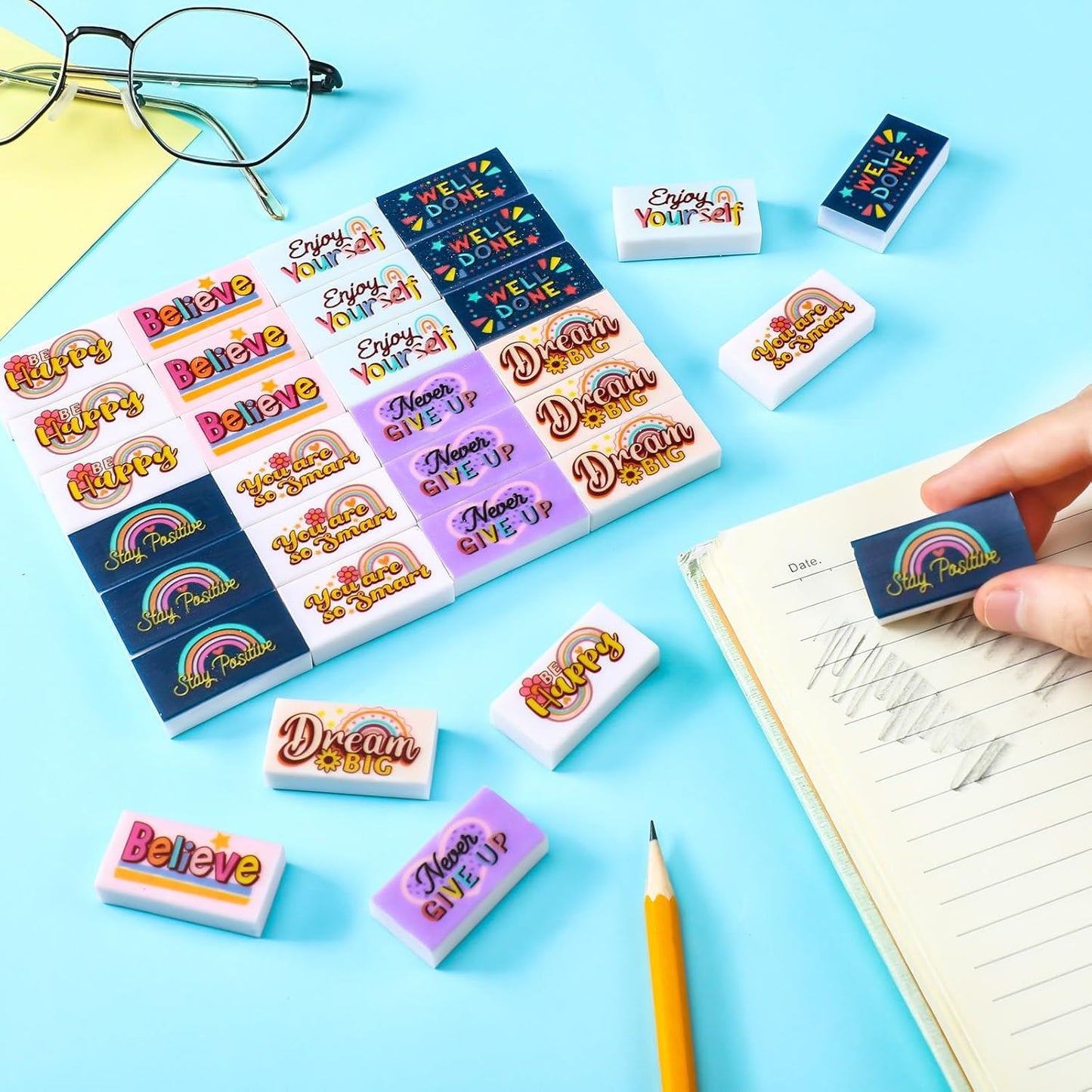 100 Pcs Inspirational Pencil Erasers Bulk for Kids Fun Motivational Eraser School Supplies Back to School Office Supplies for Classroom Office Teacher Artists (Boho)