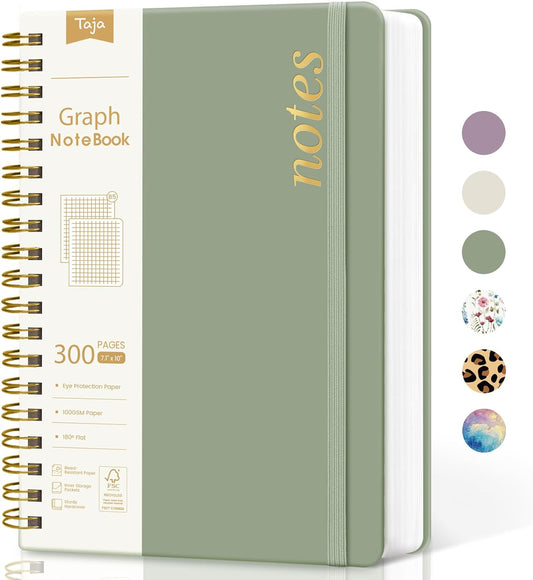 Spiral Graph Paper Notebook Journal for Work, 300 Pages, Thick B5 (7.1"x10") Grid Journals for Women & Writing, Hardcover Notebook for Note Taking, Perfect for Work School Note Taking Business, Green