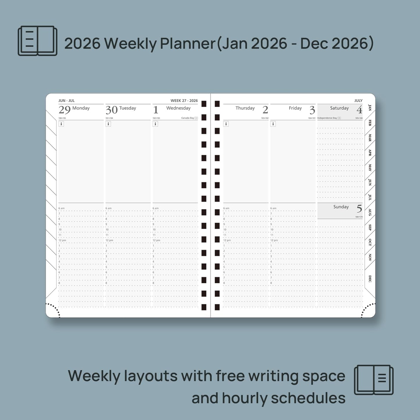POPRUN 2026 Planner (Medium Size 8.5'' x 6.25'' Wire-Bound Hard Cover) Daily Weekly and Monthly Calendar - Agenda 2026 (Jan.2026-Dec.2026) with Hourly Schedule, Monthly Tabs - Navy Blue