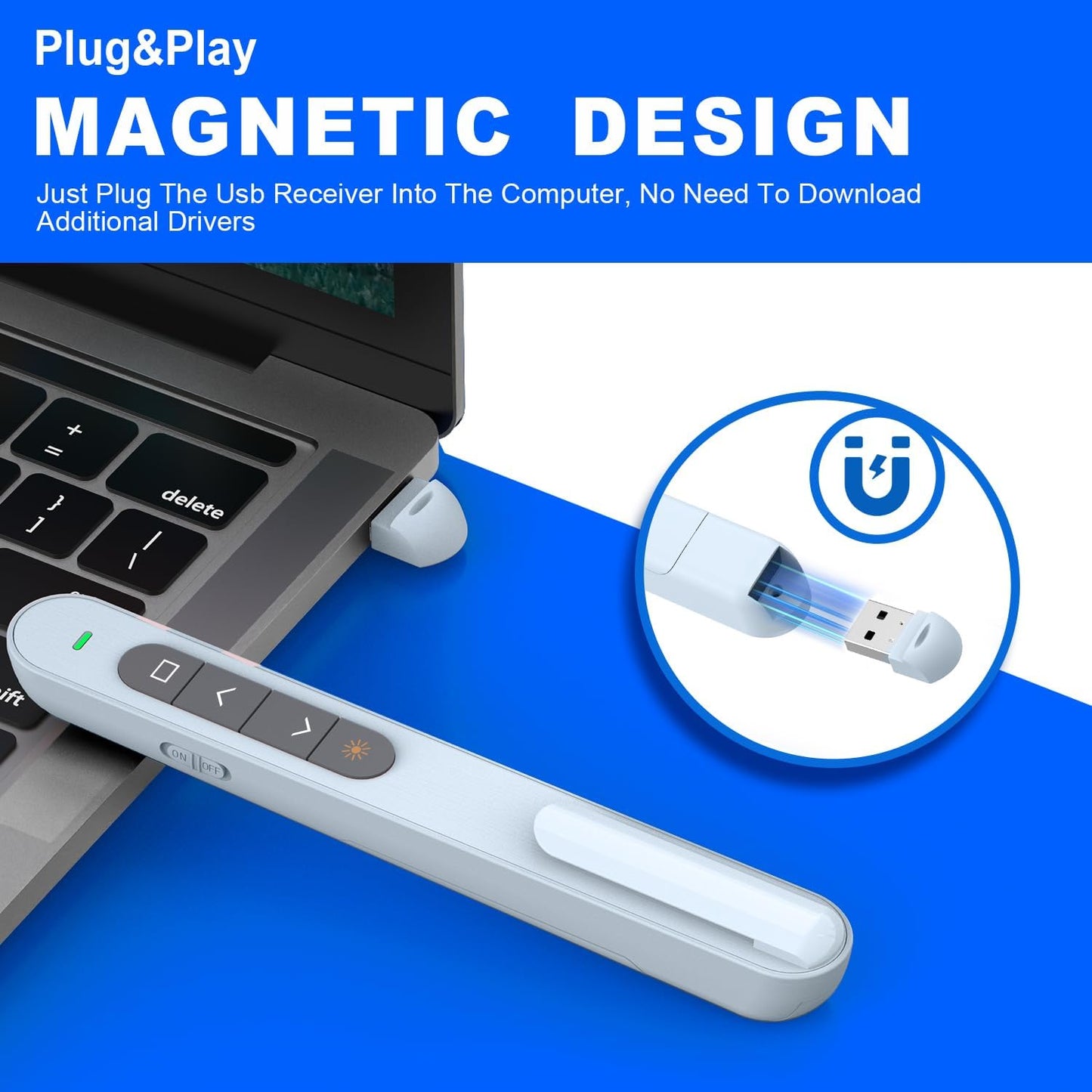 QUI Presentation Clicker for PowerPoint, RF 2.4GHz USB Wireless Presenter Remote with Volume Control, PowerPoint Clicker Slide Advancer for Mac, Windows, Laptop, Keynote