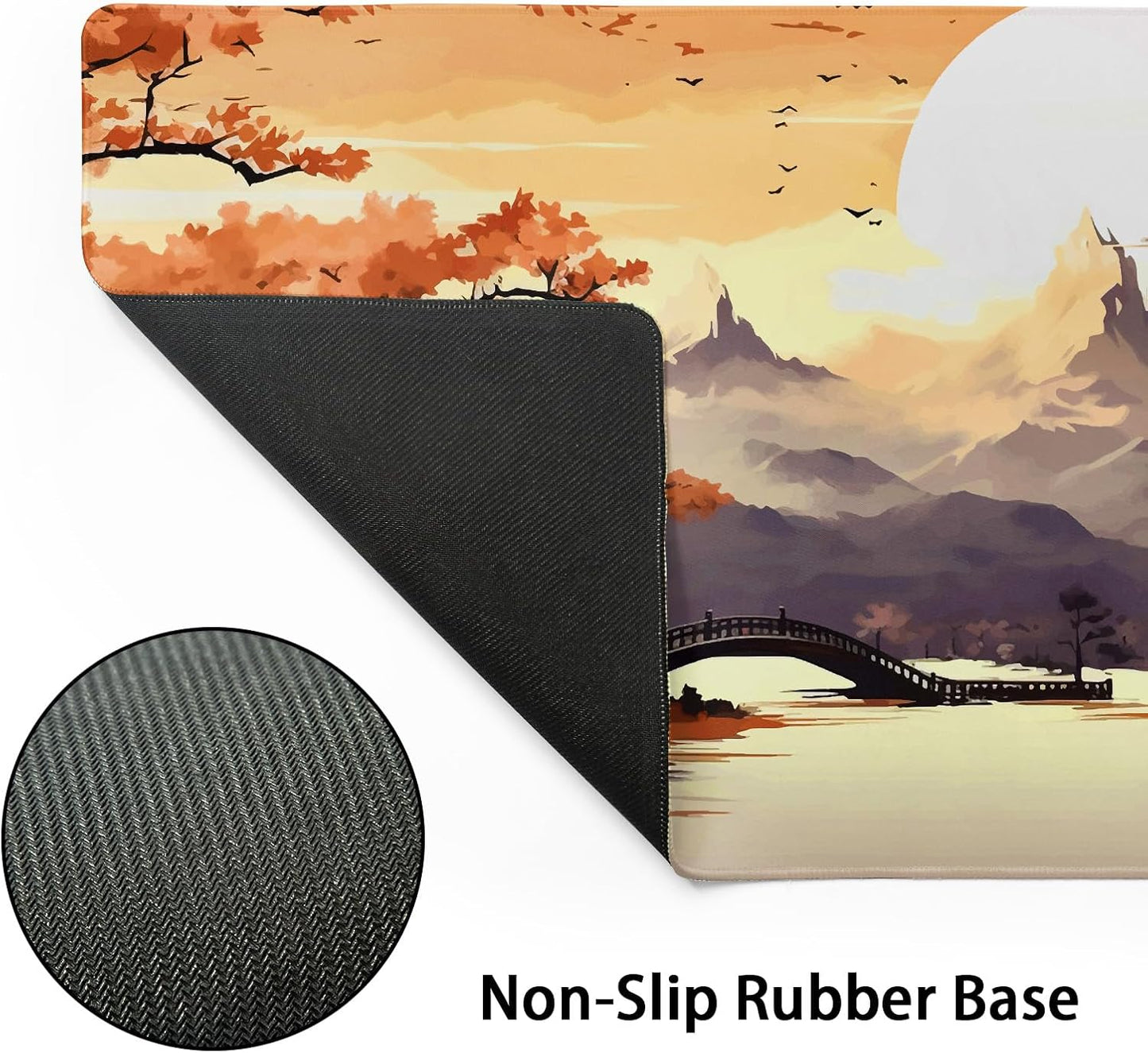 Orange Japanese Sakura Gaming Mouse Pad XL Yellow Cherry Blossom Mountain Aesthetic Large Desk Mat Big Mousepad Non-Slip Rubber Base Stitched Edge Long Desk Pad for Desktop Computer,31.5×11.8 in