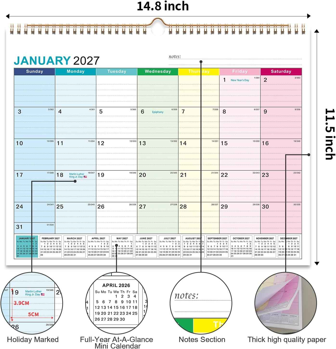 Wall Calendar 2026-2027, 18 Months Academic Calendar, July. 2026 - Dec 2027, 14'' × 11'', Monthly Wall Hanging Calendar with Thick Paper for Office Home (Colorful)