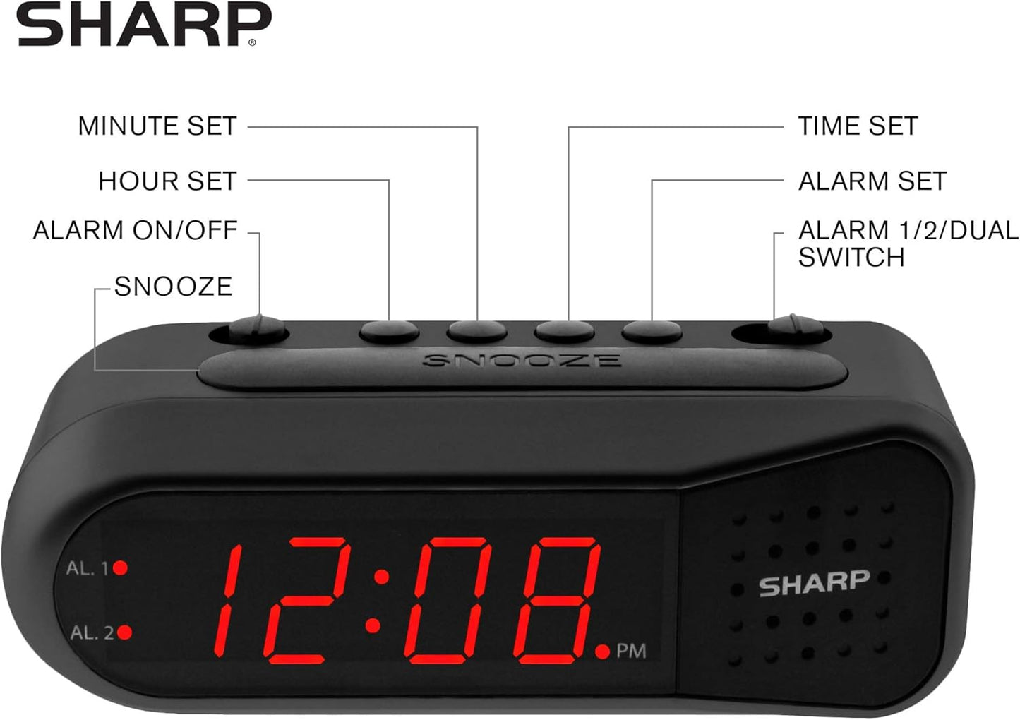 Sharp Digital Alarm Clock – Black Case with Red LEDs - Ascending Alarm Grows Increasing Louder, Gentle Wake Up Experience, Dual Alarm - Battery Back-up, Easy to Use with Simple Operation