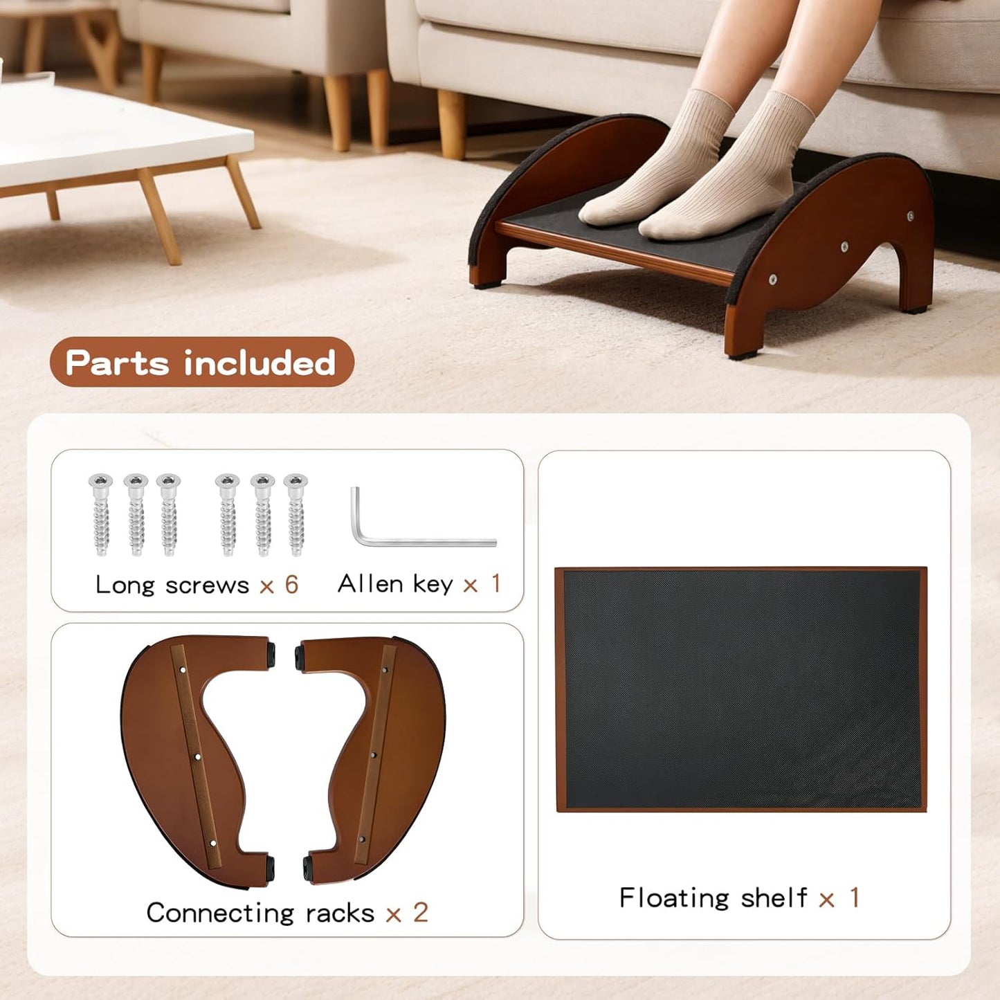 Foot Rest Under Desk – Ergonomic Solid Wood Under Desk Footrest with Non-Slip Silicone Top & Rubber Feet, 10° Tilt Foot Stool for Office Home, 40×28×16cm