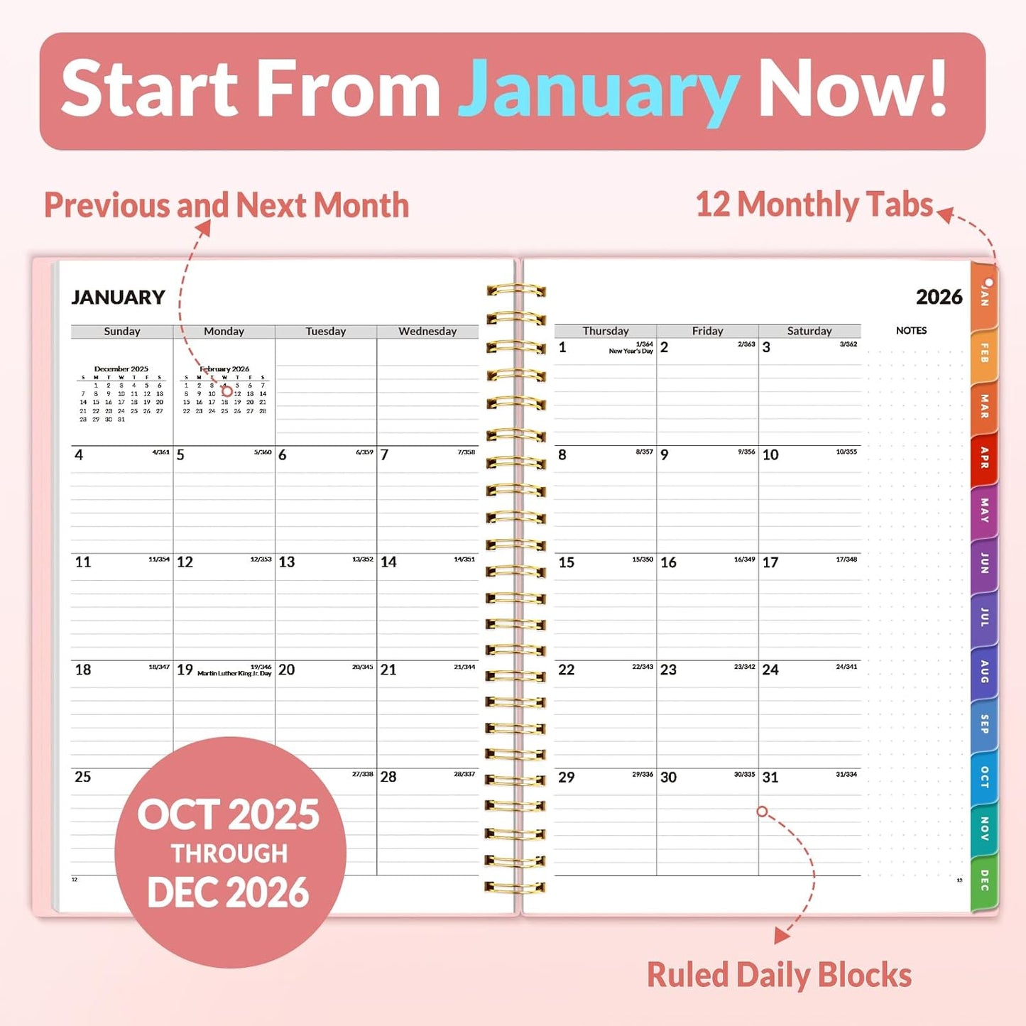 SUNEE 2026 Weekly and Monthly Planner - from January 2026 - December 2026, 6.4" x 8.3" Daily Agenda Planner with Monthly Tab, Flexible Cover, Note Pages, Pockets, Bookmark, Spiral Binding, Pink